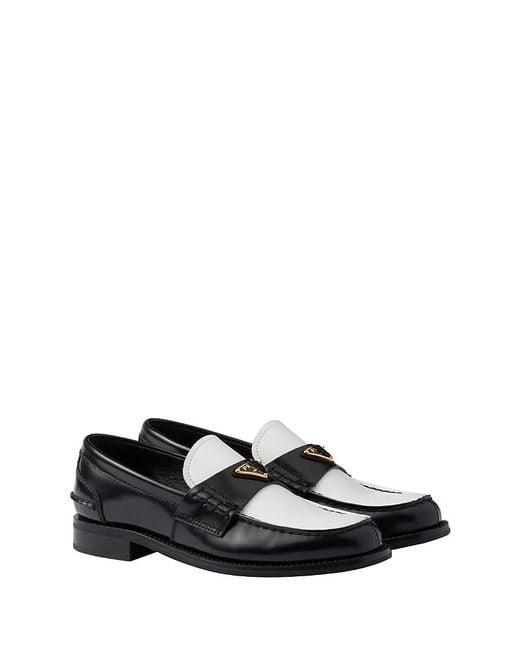Prada White Two-Tone Brushed Leather Loafers