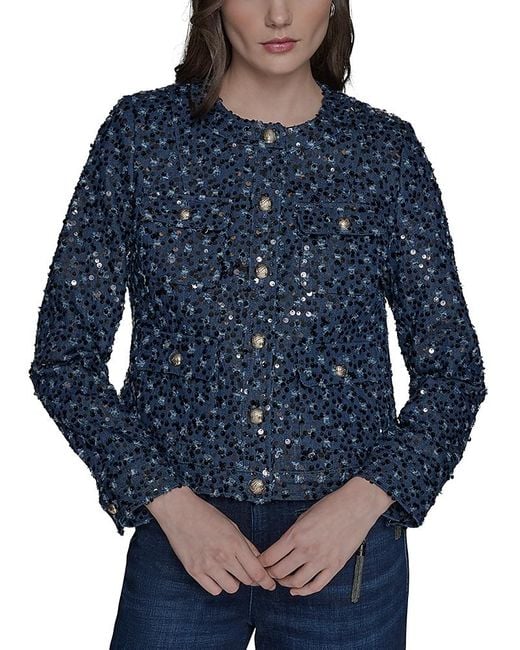 Karl Lagerfeld Blue Collarless Sequin Jacket
