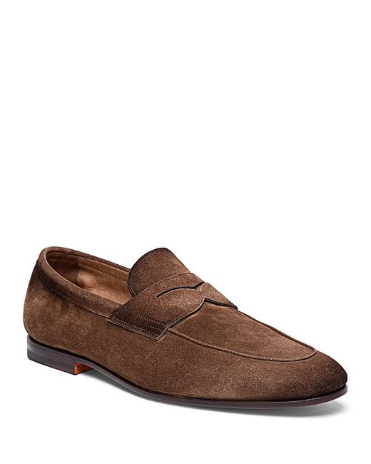 Santoni Brown Carlos Suede Penny Loafers for men