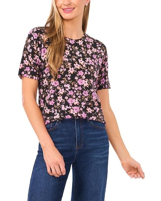 Cece Red Printed Crewneck Short Sleeve Sweater