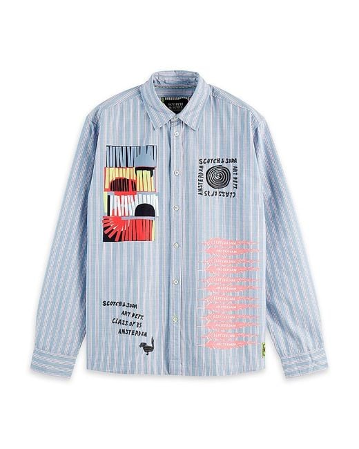 Scotch & Soda Blue Regular Fit Graphic Patchwork Shirt for men