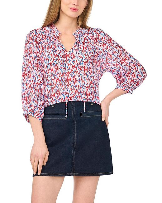 Vince Camuto Red Printed Split V-neck Blouse