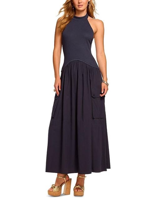 Ramy Brook Blue Simonne Mixed Media Halter Dress