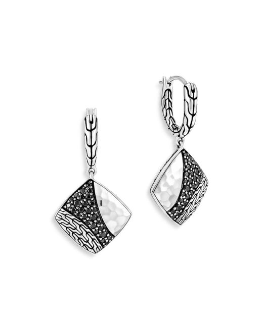 John Hardy Sterling Silver Classic Black Sapphire & Black Spinel Chain Hammered Square Drop Earrings