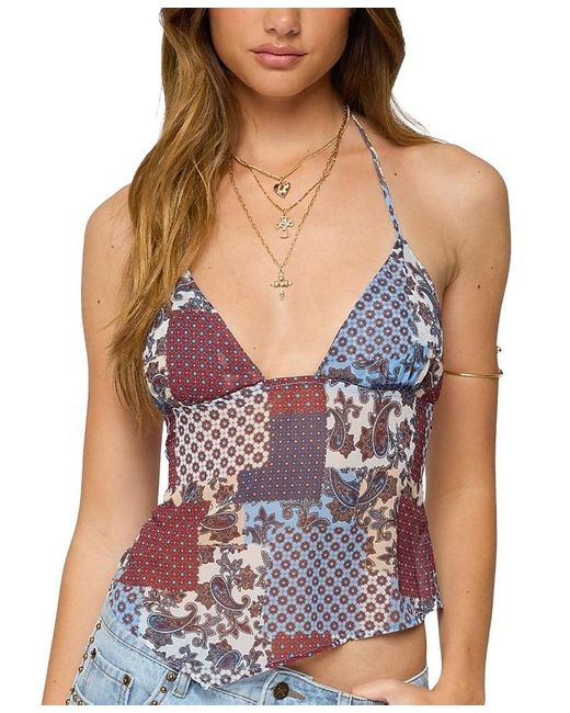 Edikted Purple Mixed Patchwork Backless Halter Top