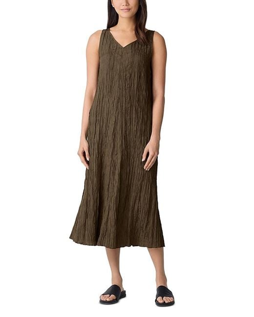 Eileen Fisher Crushed Silk Midi Dress in Brown Lyst