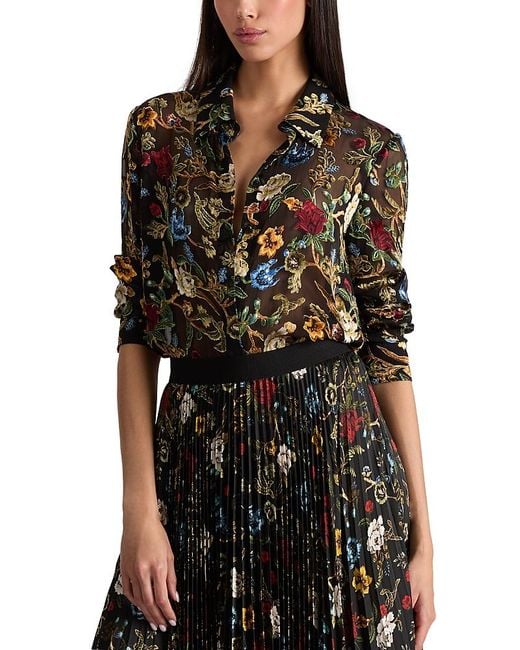 Alice + Olivia Black Willa Floral Burnout Blouse