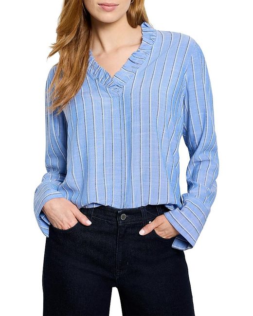 NIC+ZOE Blue Striped Ruffled Around Top