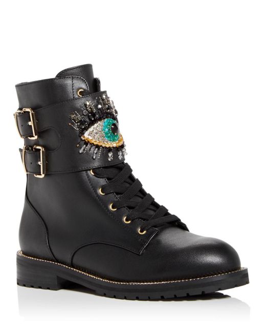 Kurt Geiger Velvet Sutton Eye Embellished Combat Boots in Black | Lyst