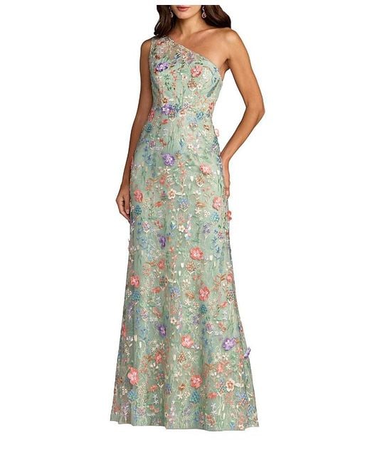Mac Duggal Women's Green Petite One Shoulder Lace Embroidered Gown