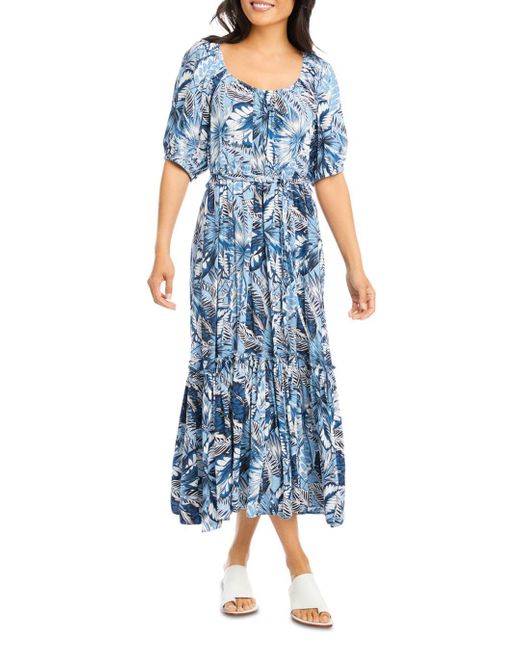 Karen Kane Synthetic Puff Sleeve Midi Dress in Print (Blue) | Lyst