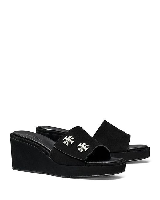 Tory Burch Black T Lock Suede Wedge Sandals