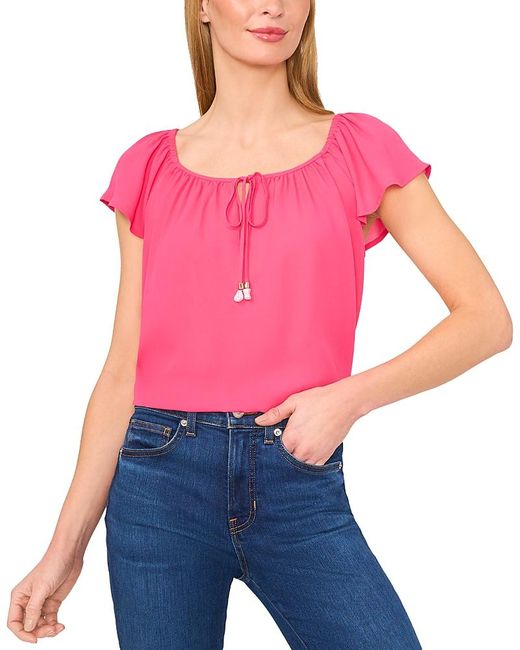 Cece Pink Round Neck Flutter Sleeve Top
