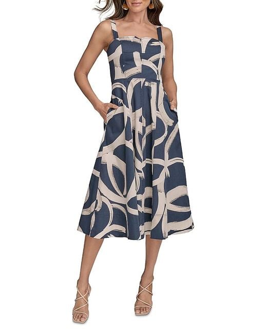 Donna Karan Blue Abstract Print Midi Dress