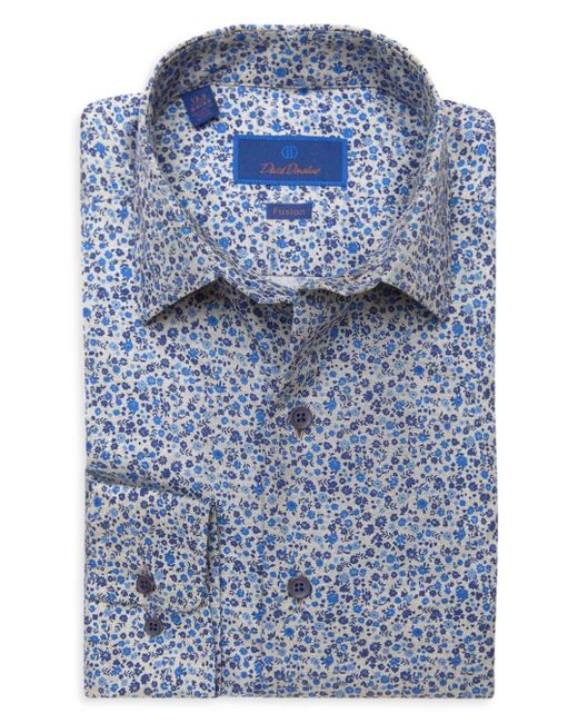 David Donahue Cotton Floral Fusion Trim Fit Dress Shirt in Slate (Blue ...