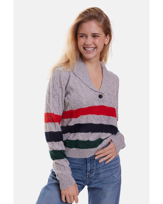 Minnie rose cashmere shawl cable pullover light donegal in grey red