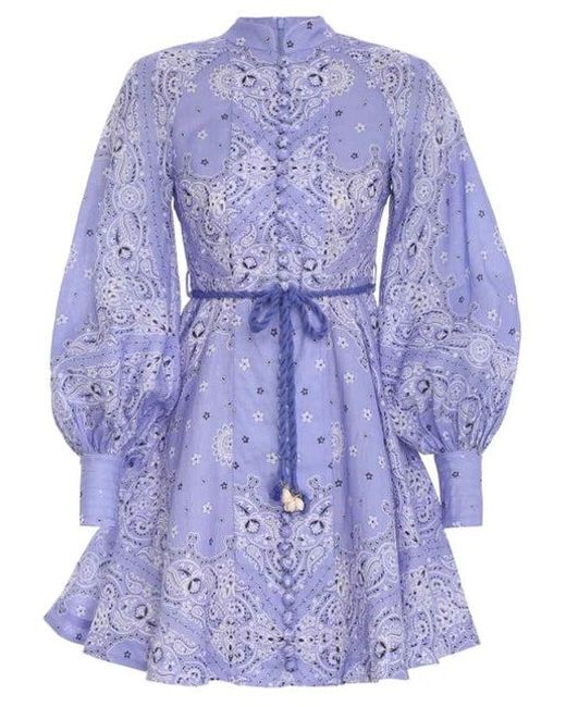 Zimmermann Linen Violet Button Up Mini Dress Cornflower Bandana in Blue