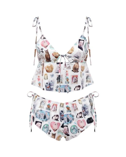 Bluebella White Bb X Ashley Williams Kitten Print Luxury Satin Crop Cami And Short Set