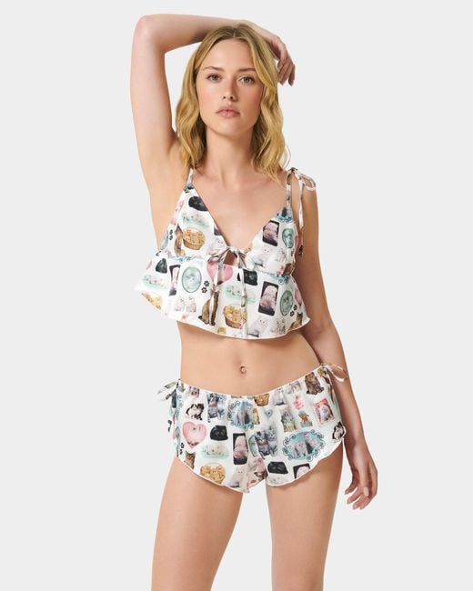 Bluebella White Bb X Ashley Williams Kitten Print Luxury Satin Crop Cami And Short Set