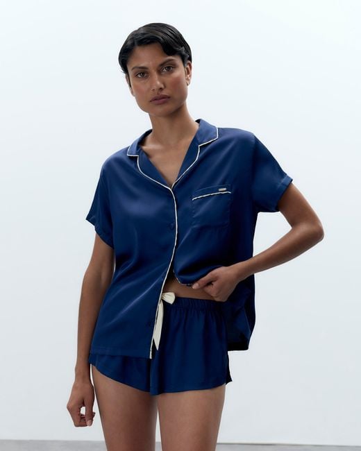Bluebella Abigail Luxury Satin Short Set Navy Blue/cream