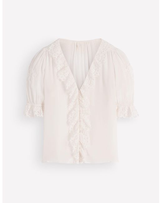 Boden Blue Ruffle V-Neck Lace Top