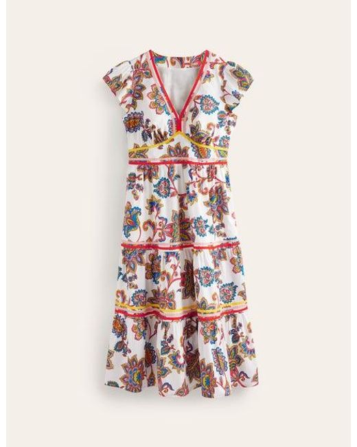 Boden Pink May Cotton Midi Tea Dress Flame Scarlet, Floral Mosaic
