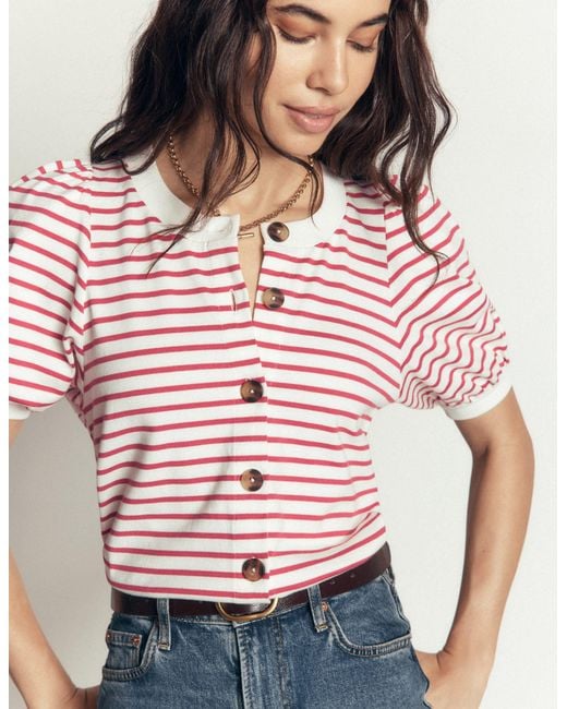 Boden Red Button-Through Puff Sleeve Top