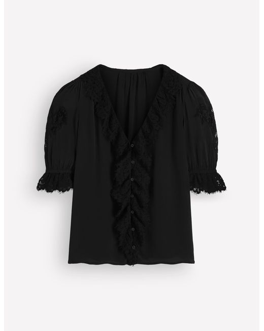 Boden Black Ruffle V-Neck Lace Top