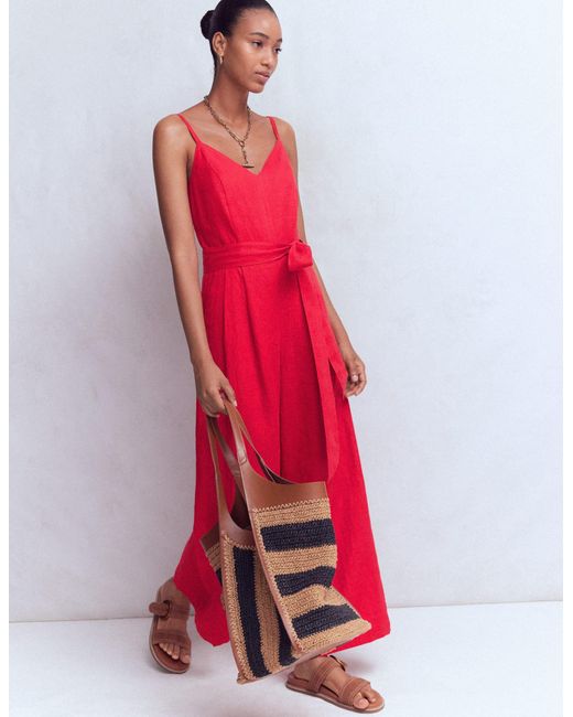 Boden Red Strappy Linen Jumpsuit