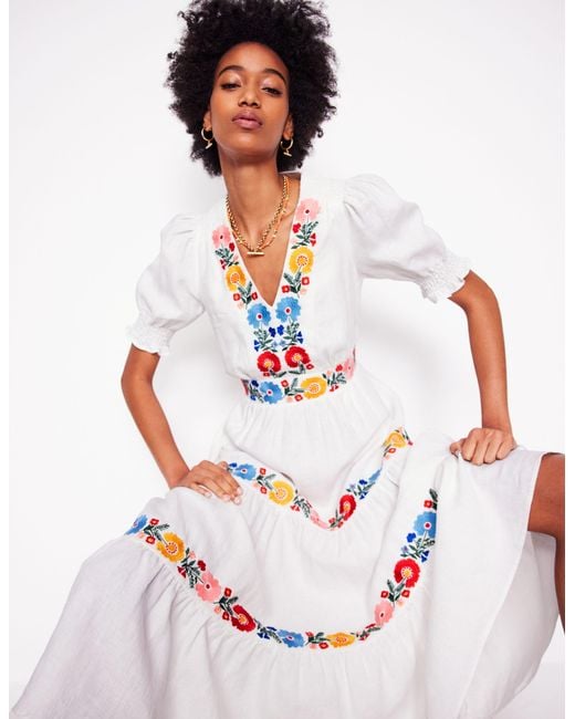 Boden Anna Linen Tiered Midi Dress- Multi Embroidery in White | Lyst Boden Anna Linen Tiered Midi Dress- Multi Embroidery in White | Lyst