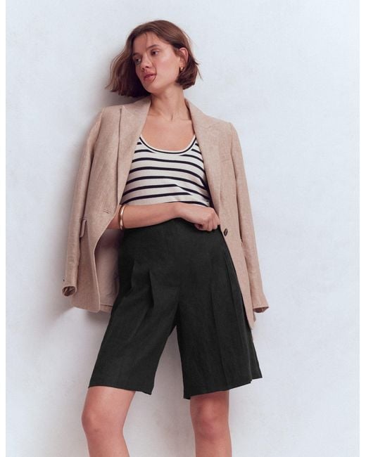 Boden Black Highbury Pleated Linen Shorts