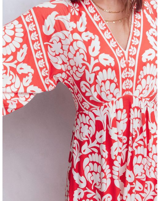 Boden Red Nell Kimono Midi Jersey Dress-Bright Cherry, Ornate Floret