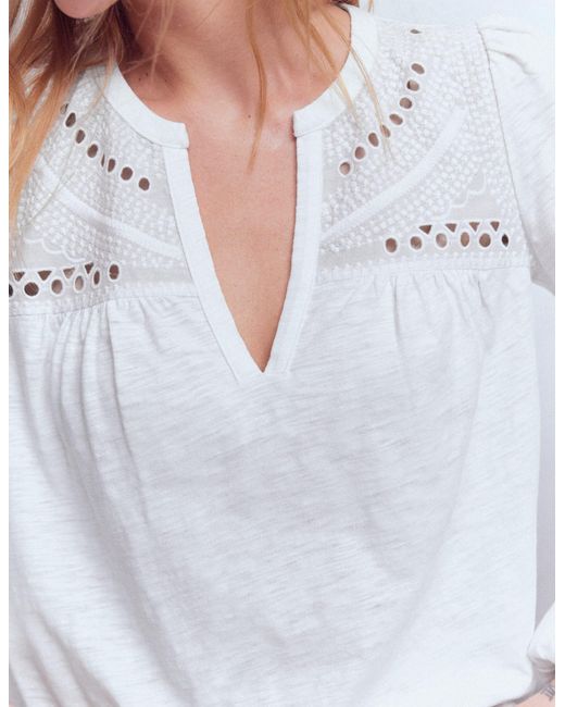 Boden White Woven-Mix Notch Neck Top
