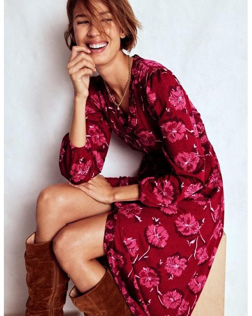 Boden Red Natalia Long Sleeve Tea Dress- Delicate Carnation