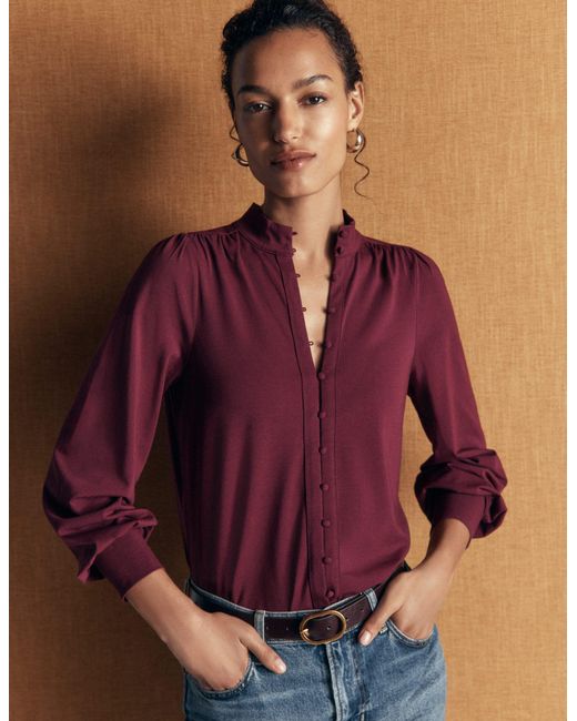 Boden Blue Isla Funnel Neck Button Blouse