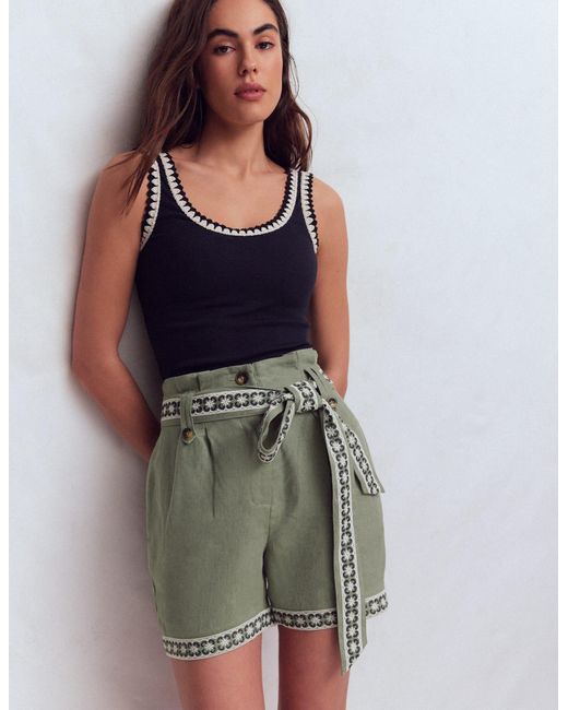 Boden Green Paperbag Linen Belted Shorts