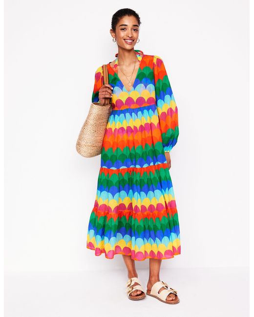 Boden White V-Neck Tiered Cotton Kaftan-Multi, Scallop Stripe