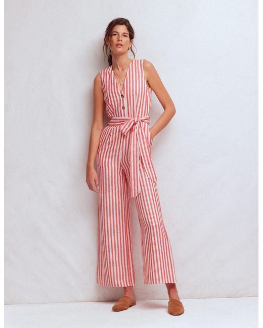 Boden Pink Laura V-Neck Linen Jumpsuit