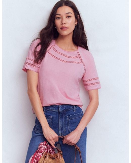 Boden Pink Poppy Trim Crew T-Shirt