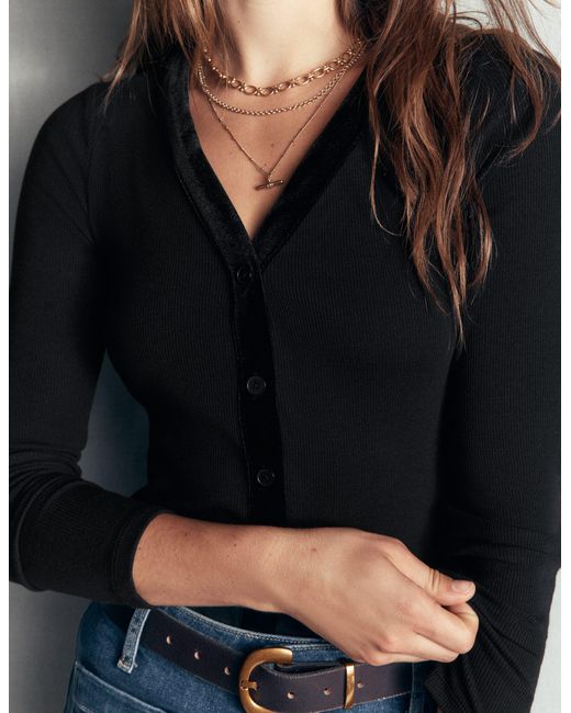 Boden Blue Velvet Trimmed V-Neck Top