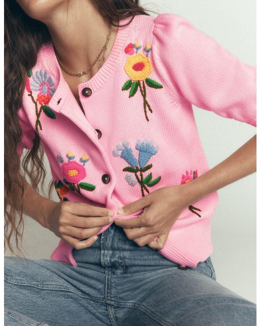 Boden Pink Puff Sleeve Cotton Cardigan