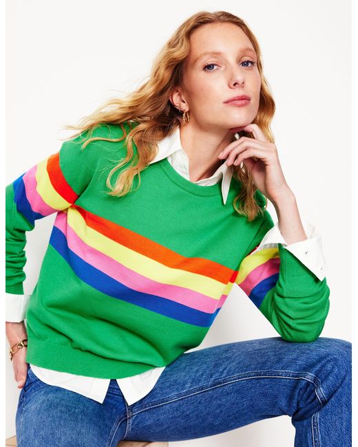 Boden Green Lara Relaxed Cotton Jumper-Ivory, Multi Stripe