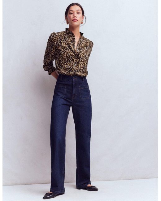 Boden Brown Emily Pom Detail Ruffle Shirt-Camel, Cheetah Pop