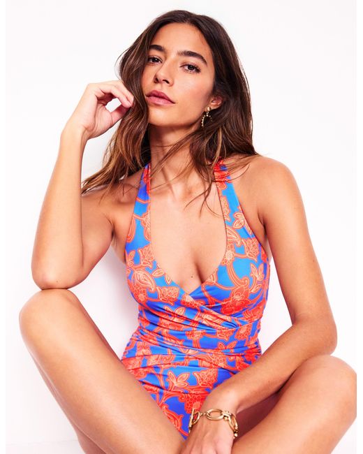 Boden Pink Halter Ruched Swimsuit Bright Papaya