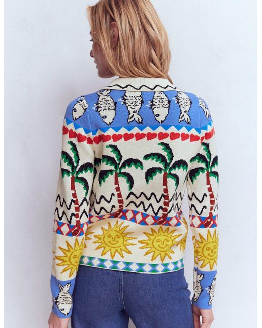 Boden Blue Jacquard Knitted Shacket Warm Ivory, Novelty