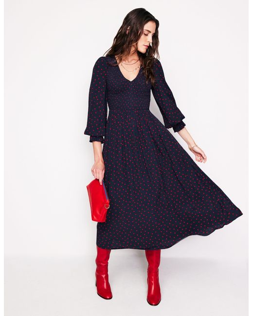 gemma smocked midi dress Boden Gemma Smocked Midi Dress-High Risk, Abstract Dot in Blue