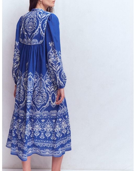 Boden Blue Boho Tie Neck Kaftan Dress