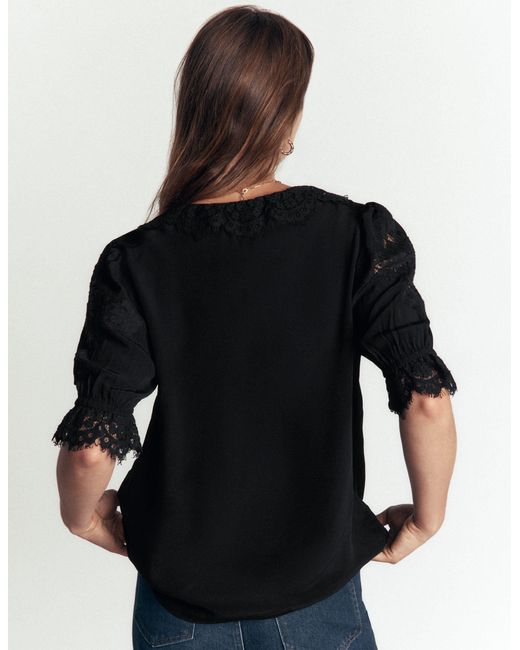 Boden Black Ruffle V-Neck Lace Top