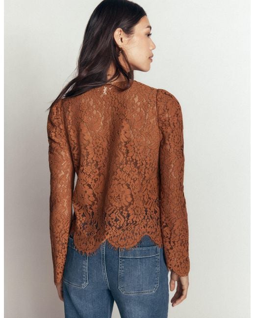 Boden Brown Lace Puff Sleeve Top