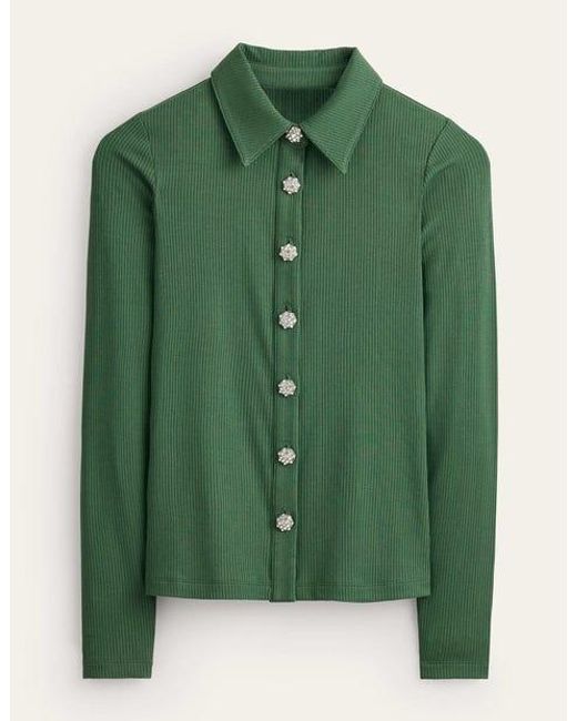 Boden Green Jewelled-button Ribbed Shirt
